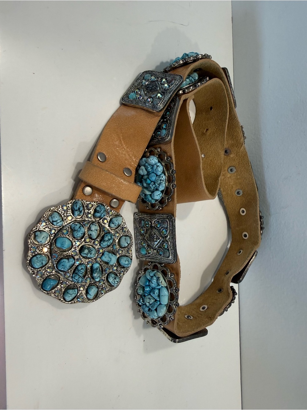 Vintage Turquoise Stone Embellished Tan Leather Belt by Leatherock - Picture 11 of 11